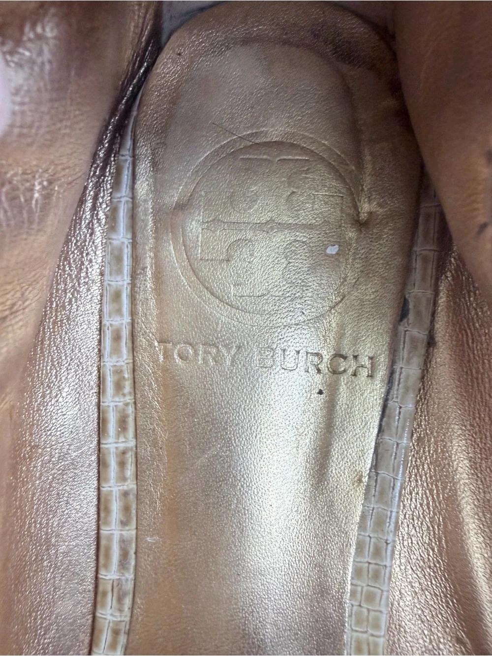 Tory Burch Metallic Gold Elastic Ballet Flats with Logo Bow 8